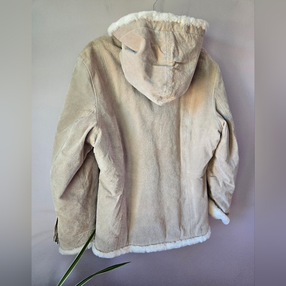 Hudson Place Genuine Suede Leather Hooded Shearling Jacket Tan Large - Picture 4 of 9